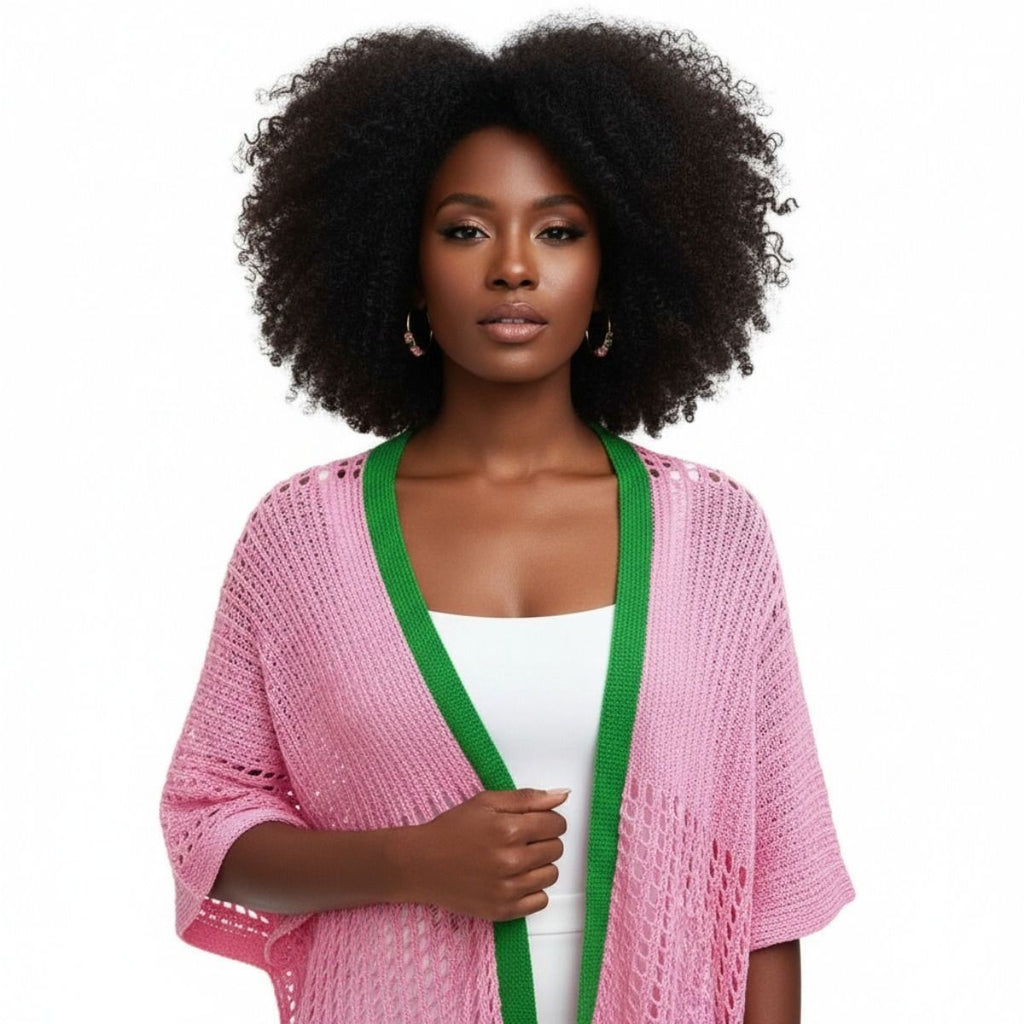 Pink green crochet kimono styled open over swimsuit beach