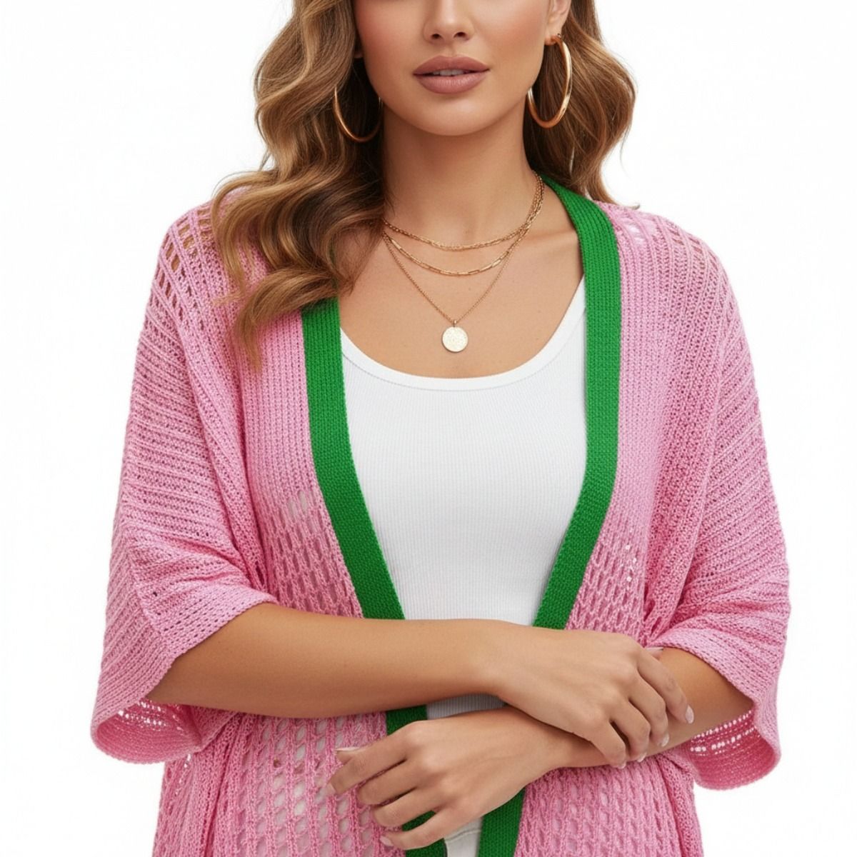 Pink green crochet kimono worn as layering top over outfit women