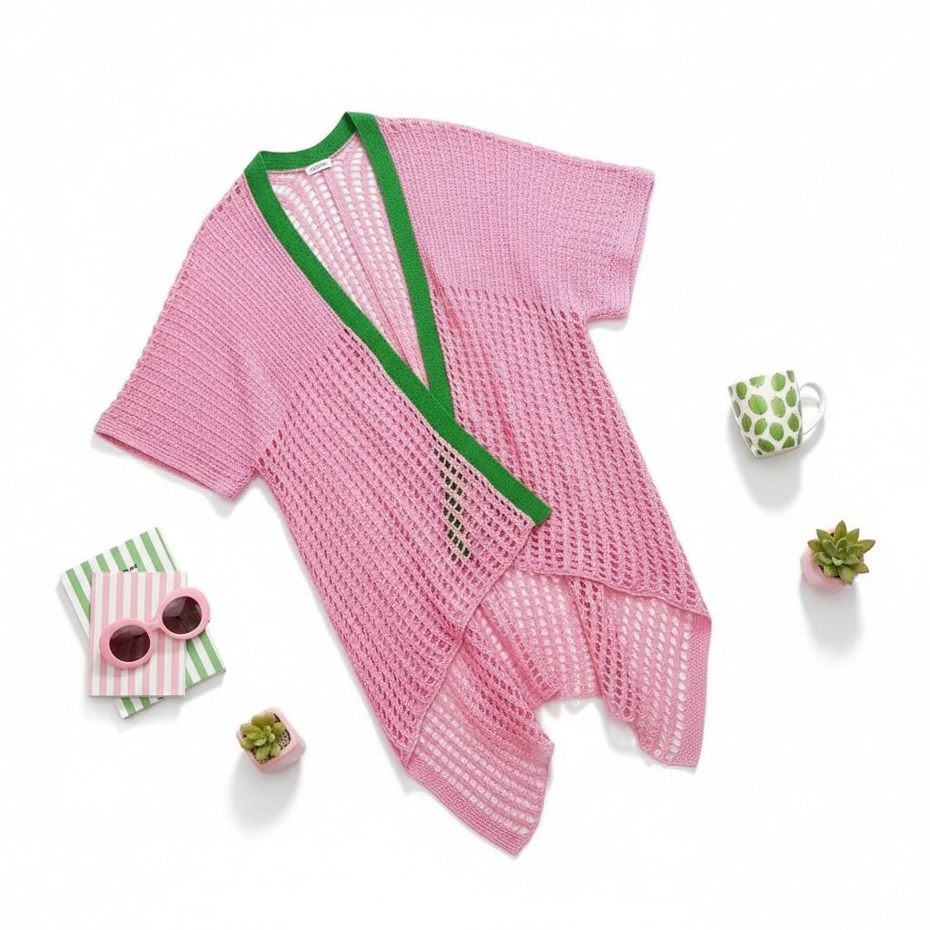 Pink green crochet kimono flat lay detail blocked knit pattern