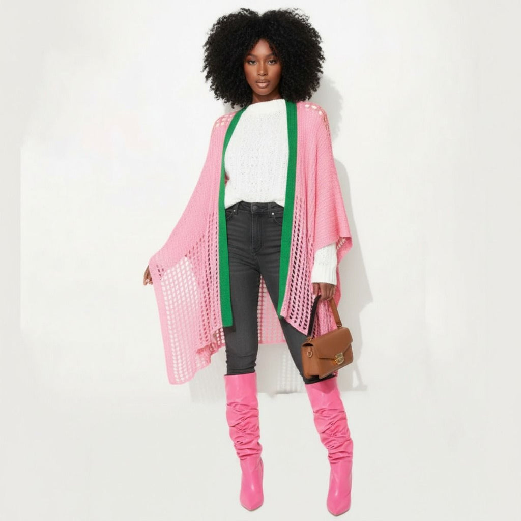 Pink green ruana kimono back view layering fashion women
