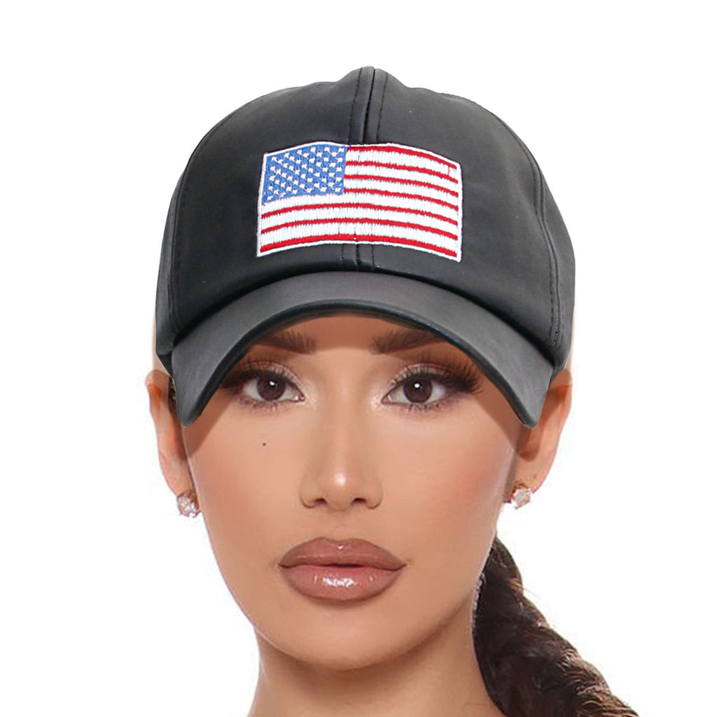 Patriotic black embroidered cap worn on head women front view bold