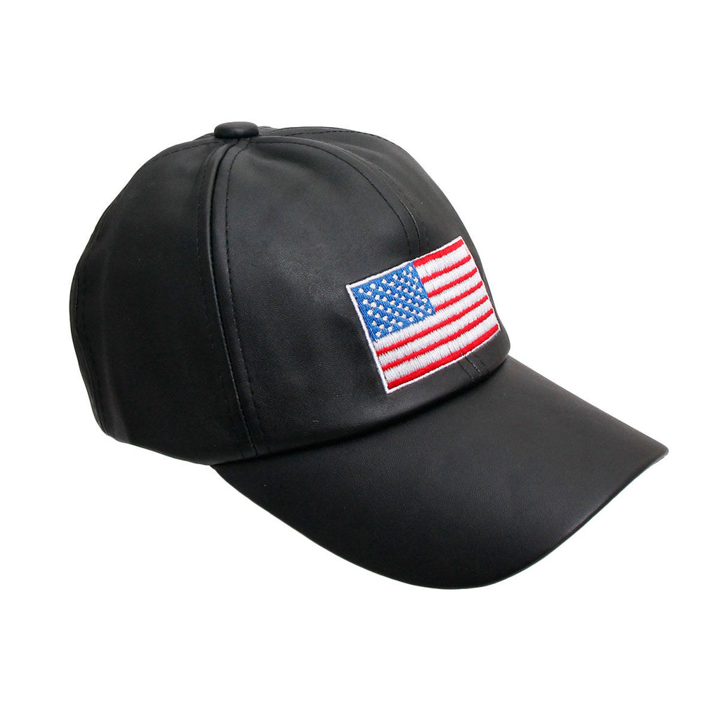 Black embroidered American flag hat women side view patriotic