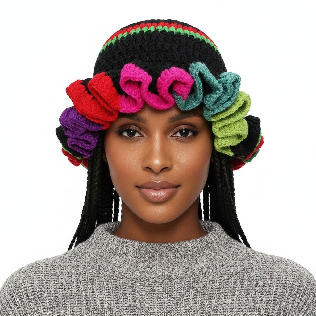 Black Crochet Multicolor Ruffle Bucket Hat Women