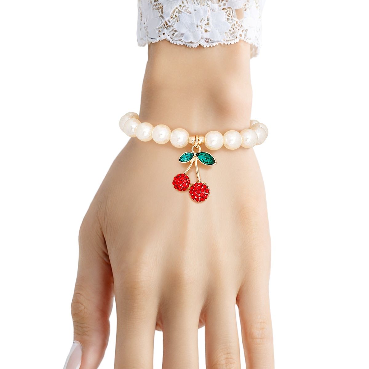 Cherry red rhinestone charm bracelet cream pearl elegant coquette jewelry women