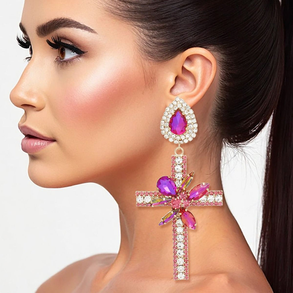 Long purple crystal cross drop earrings formal gold teardrop statement jewelry women