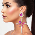 Long purple crystal cross drop earrings formal gold teardrop statement jewelry women