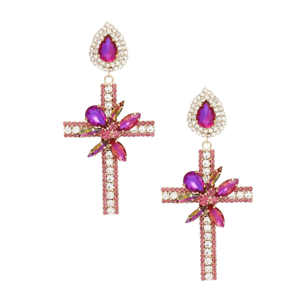 Purple crystal cross drop earrings teardrop crystal rhinestone detail close up