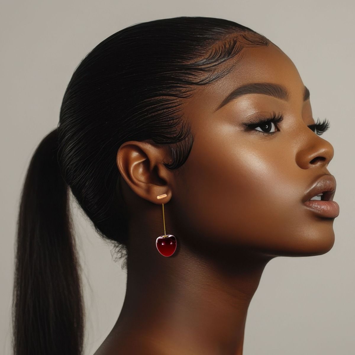 Deep red cherry drop earrings gold stem nature-inspired coquette jewelry women
