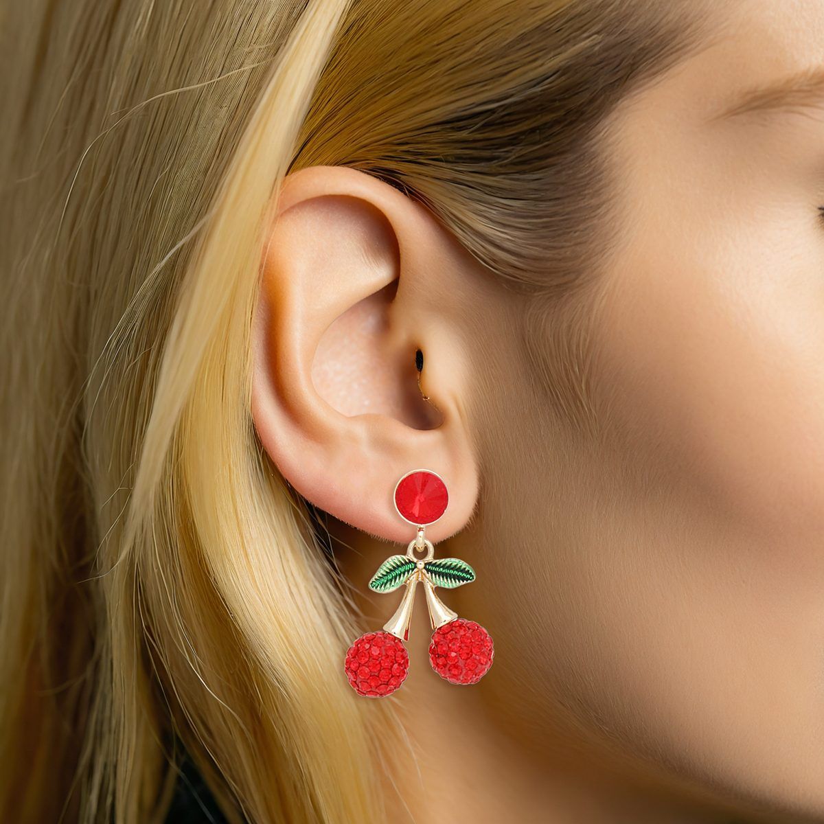 Double red cherry kissed sparkle drop earrings crystal statement coquette jewelry women