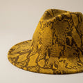 Mustard yellow brown snakeskin print fedora hat women wild child felt hat