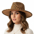 Camel brown leopard print felt fedora hat women wide brim animal print hat