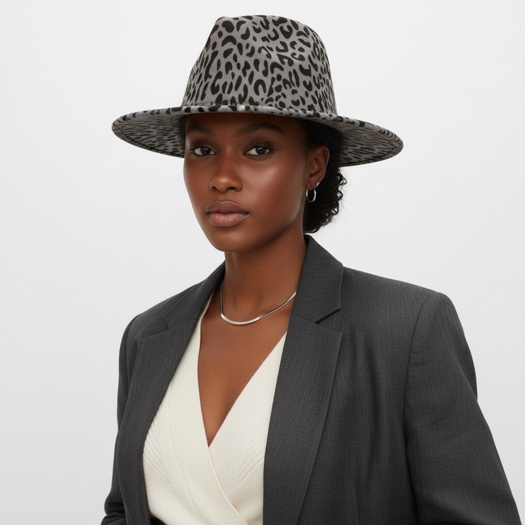 Fedora Gray with Black Leopard Print Hat