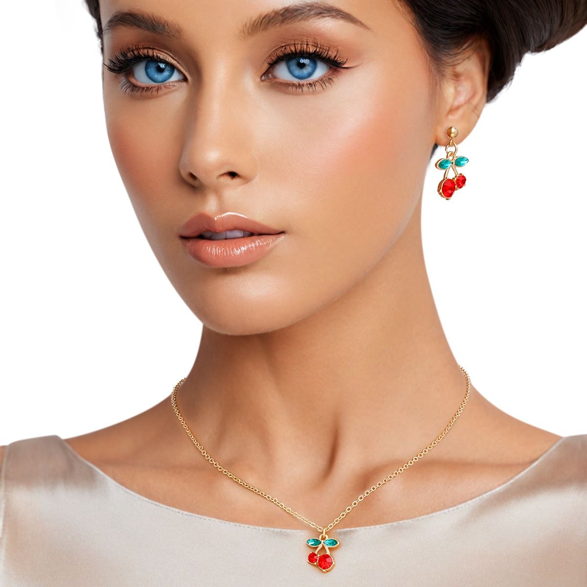 Cherry red charm lightweight gold chain necklace set everyday coquette jewelry women