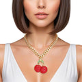 Cherry red pendant gold chunky chain necklace bold statement cherry jewelry women