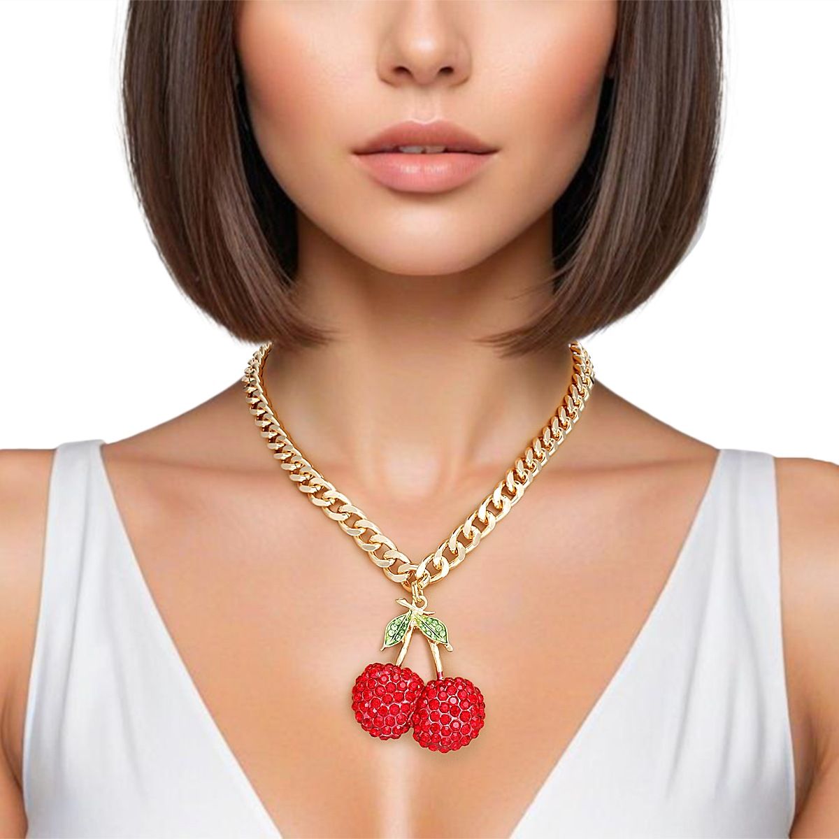 Cherry red pendant gold chunky chain necklace bold statement cherry jewelry women