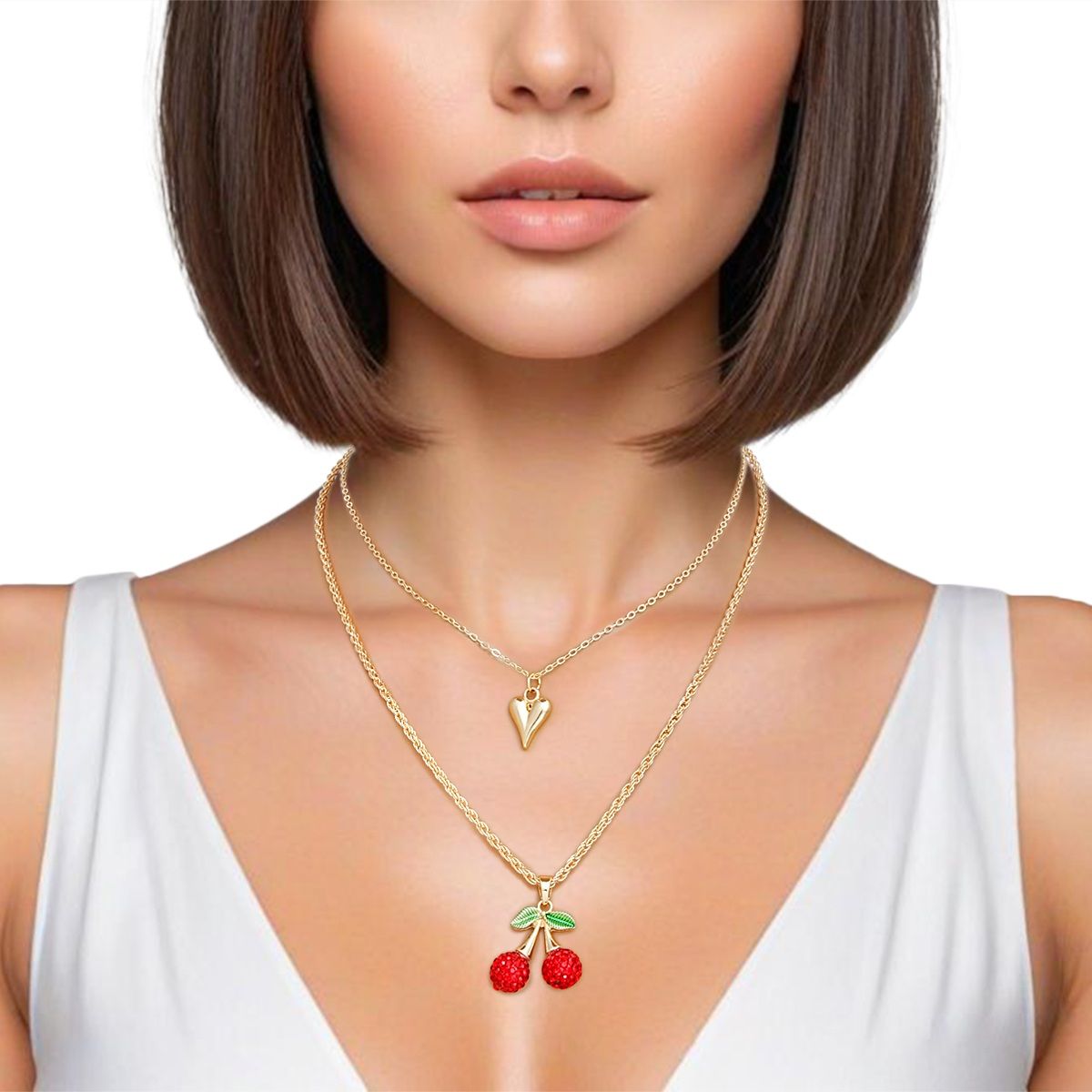 Cherry red double layer chain pendant necklace sophisticated statement coquette jewelry women