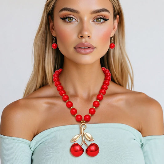 Pearl Necklace Red Cherry Drop Pendant Necklace