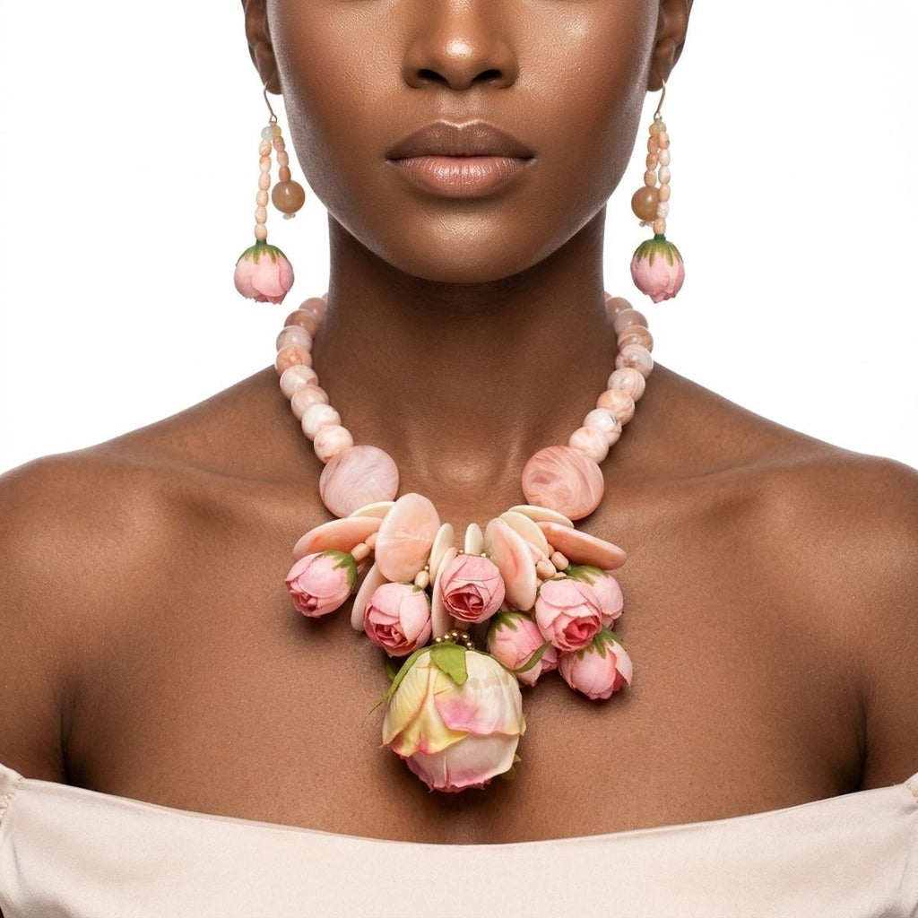 Pink floral garden statement bib necklace Hawaiian flower jewelry