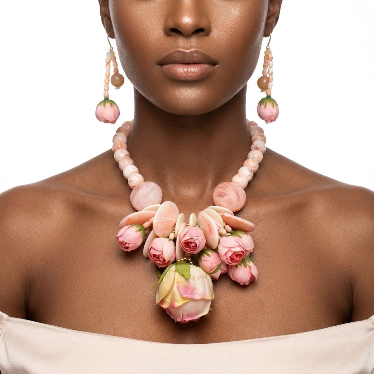 Pink floral garden statement bib necklace Hawaiian flower jewelry