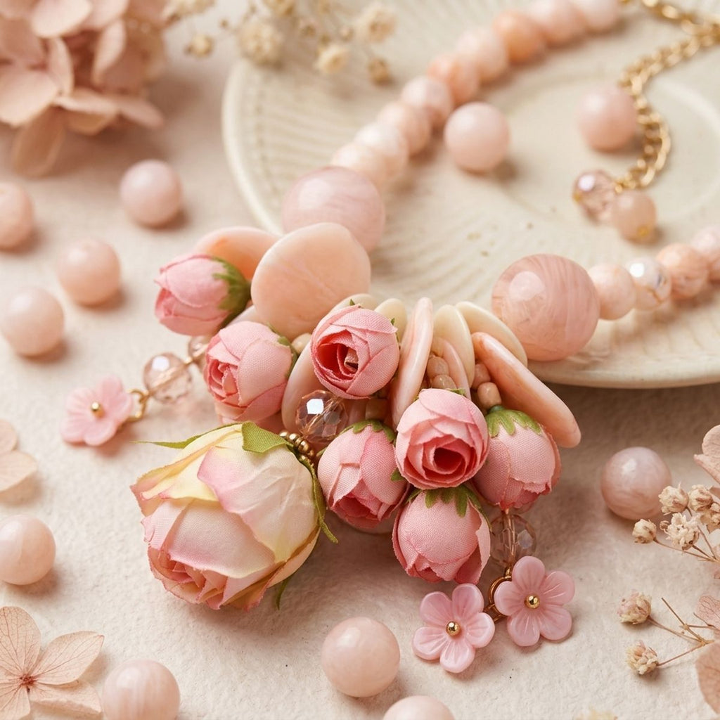 Pink lavender flower garden bib necklace resin bead detail close up
