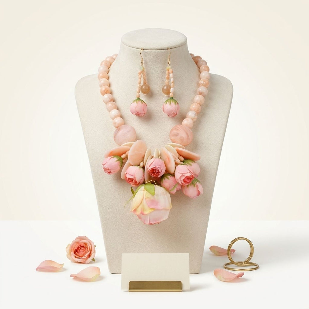 Pink Hawaiian flower garden bib necklace worn on neck view