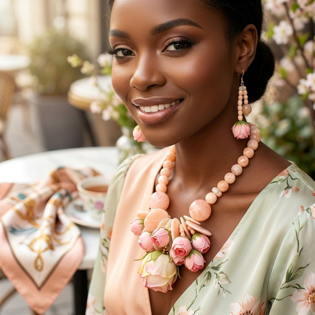 Pink floral garden statement bib necklace front view romantic