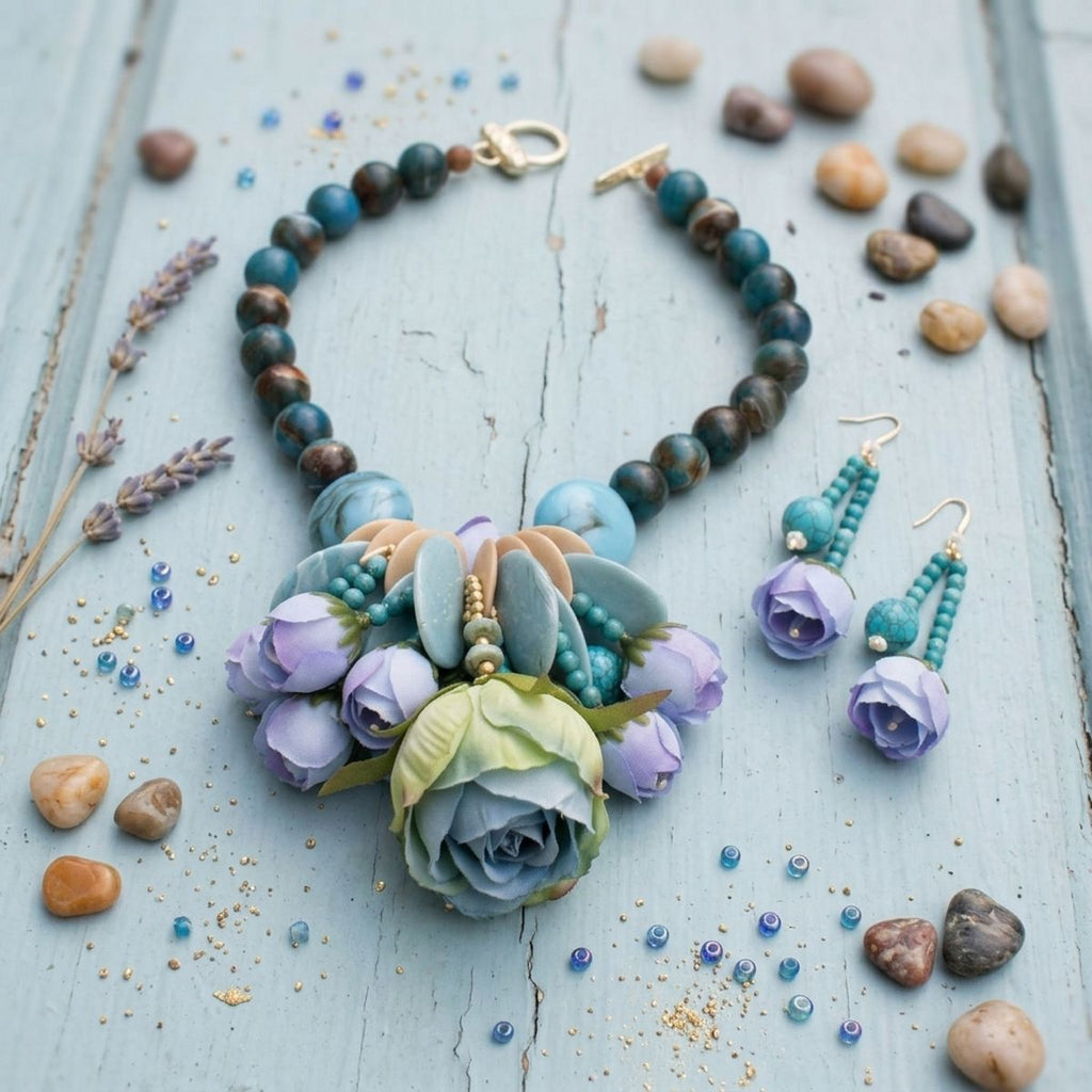 Turquoise lavender flower garden bib necklace resin bead detail
