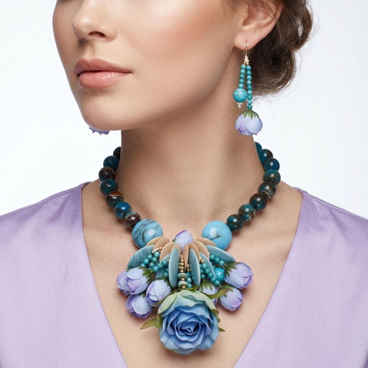 Turquoise floral garden statement bib necklace Hawaiian flower jewelry