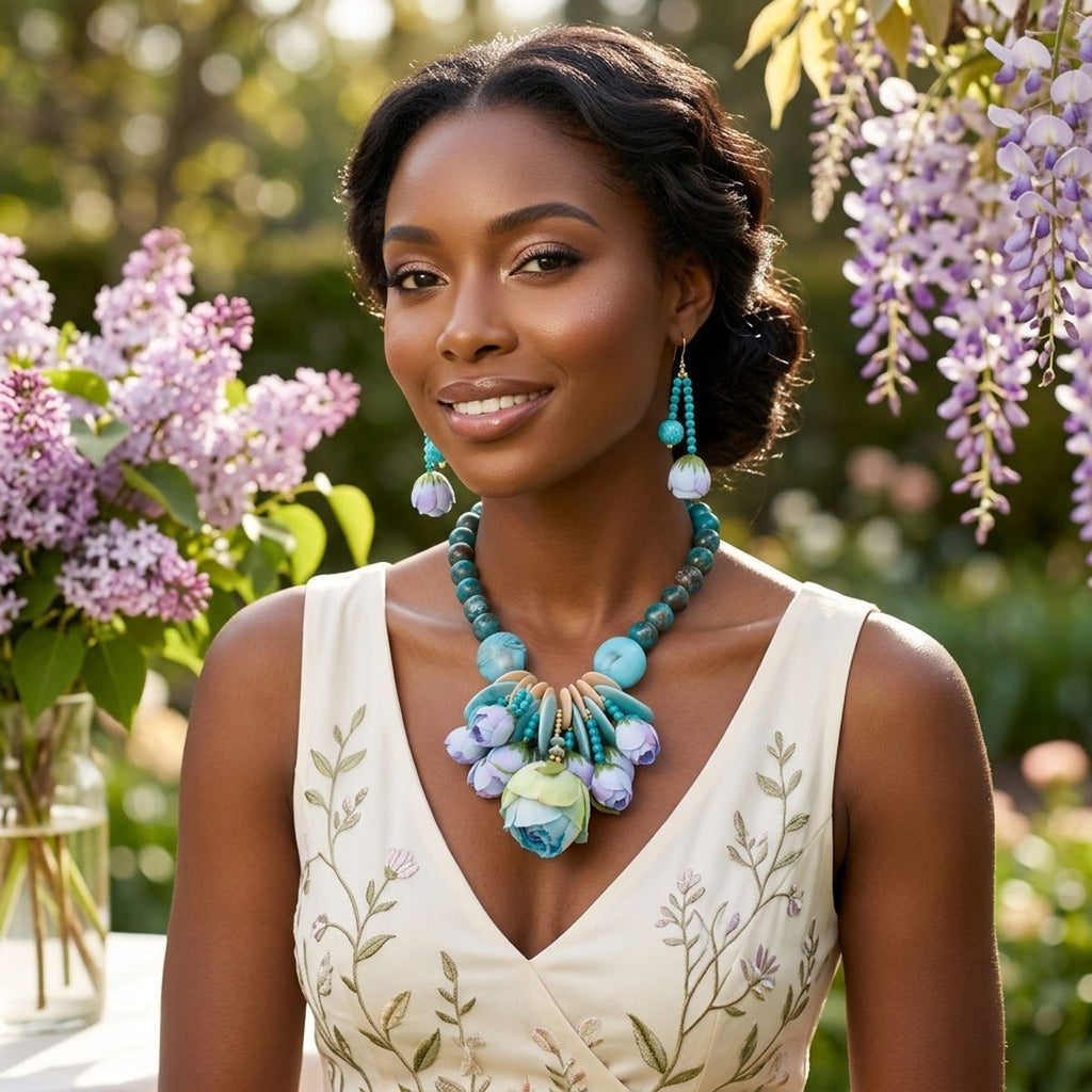 Turquoise Hawaiian flower garden bib necklace worn on neck view