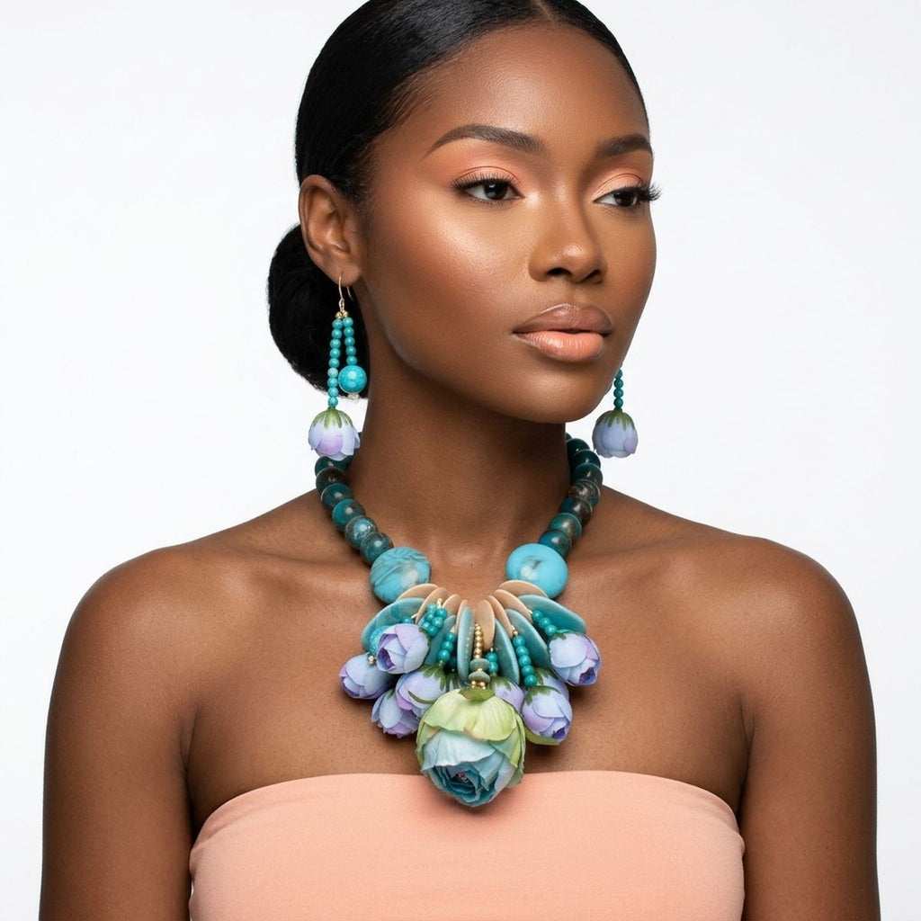 Turquoise floral garden statement bib necklace front view bold coastal