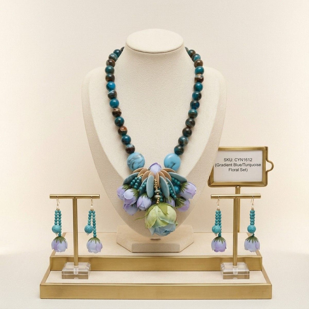 Turquoise bib necklace flower drops lavender blue detail close up