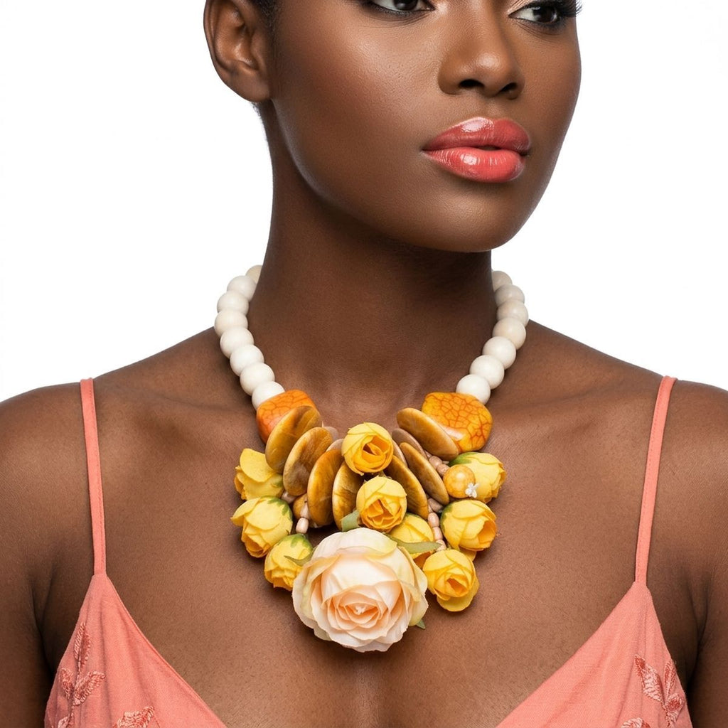 Yellow floral garden statement necklace front view sunshine bold