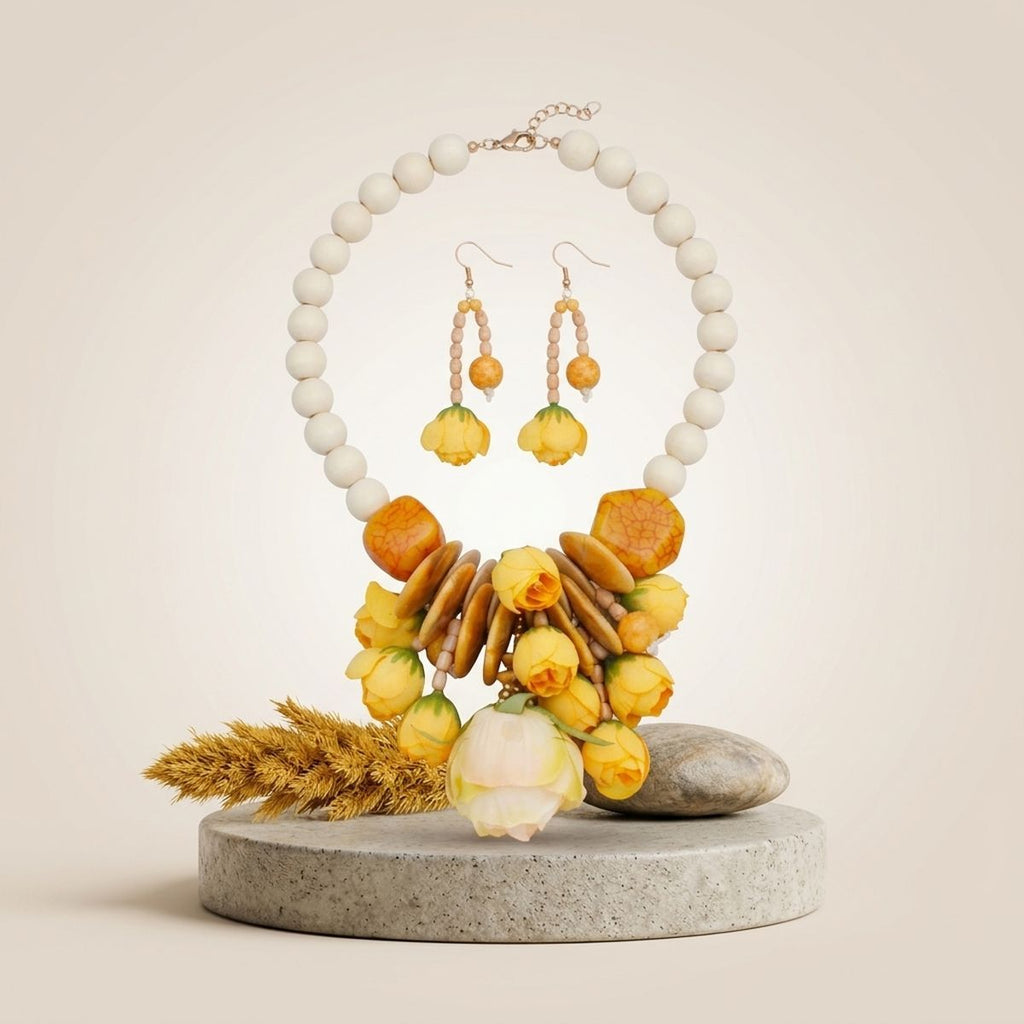 Yellow flower garden bib necklace wood bead detail close up