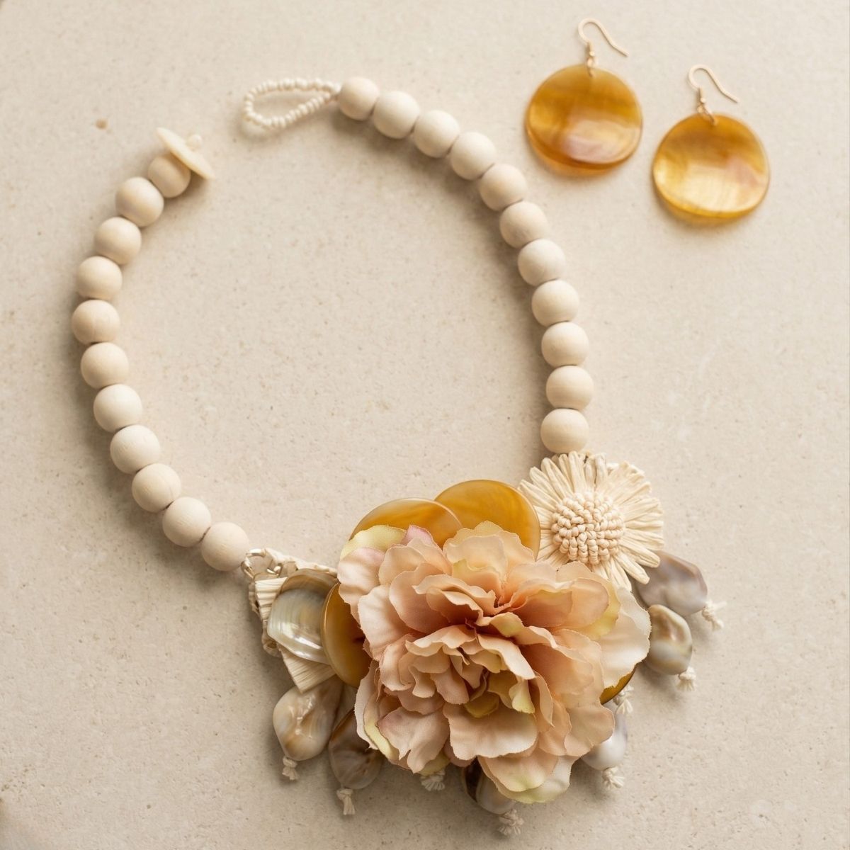 Cream Hawaiian flower necklace wood bead detail side view