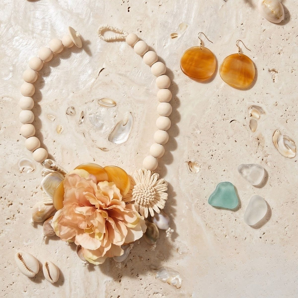 Cream floral garden statement necklace worn on neck close up