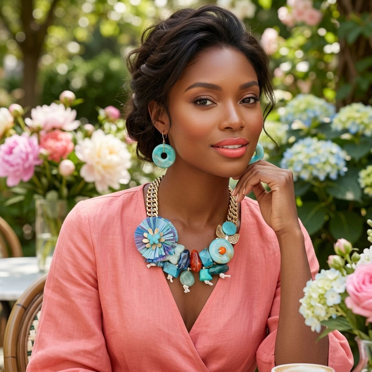 Hawaiian butterfly and bead gold chain collar necklace floral statement jewelry