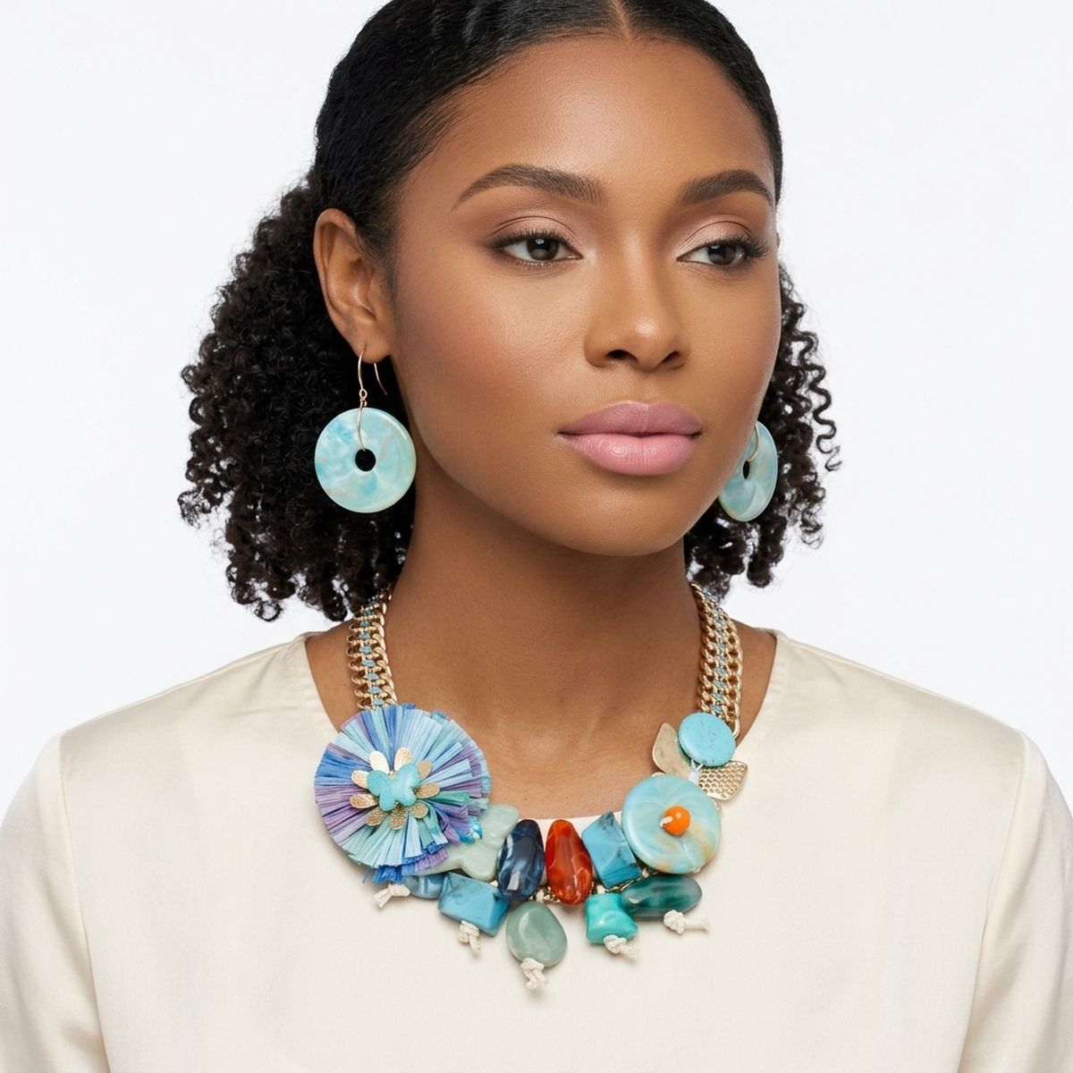 Hawaiian gold chain butterfly collar necklace worn on neck close up