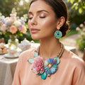 Seaside hues butterfly garden bead bib necklace Hawaiian flower statement jewelry