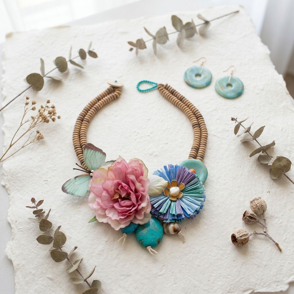 Butterfly garden bib necklace brown bead double strand flower drop detail