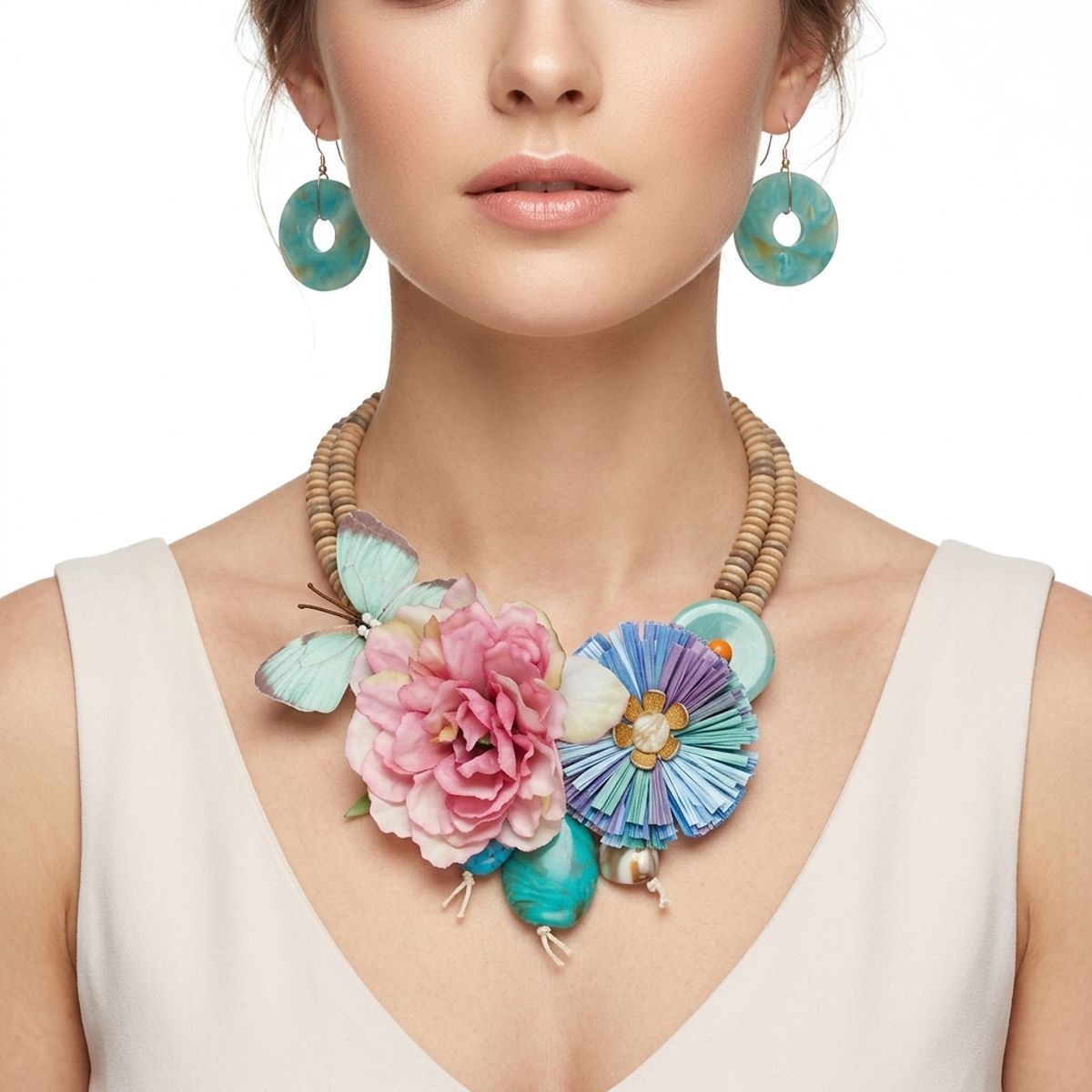 Seaside butterfly garden bead bib necklace worn on neck close up view