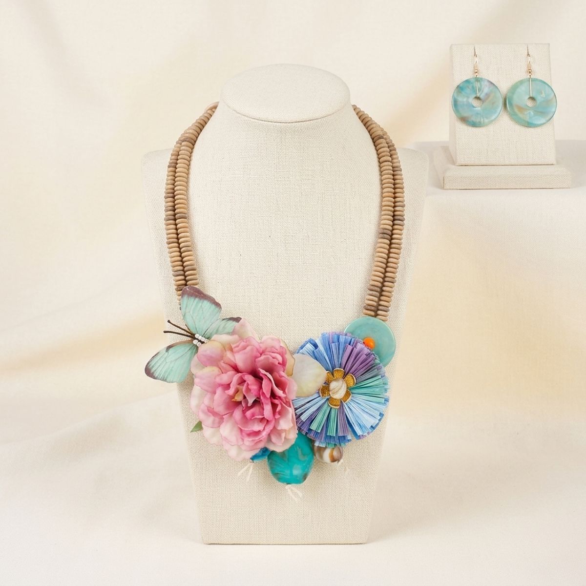 Hawaiian butterfly bead bib necklace fabric flower drop front view