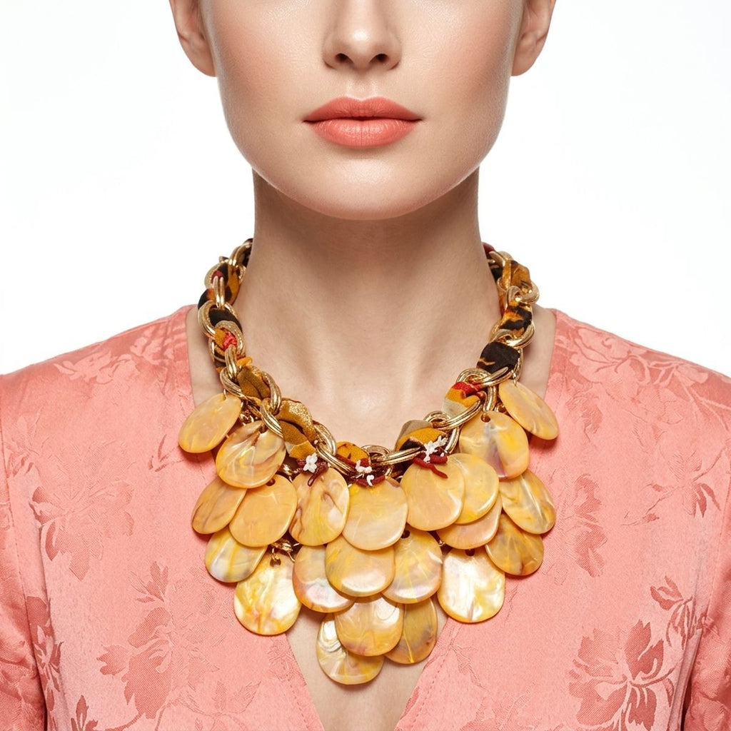 Marble Mustard Disc Bib Fabric Woven Chain Necklace