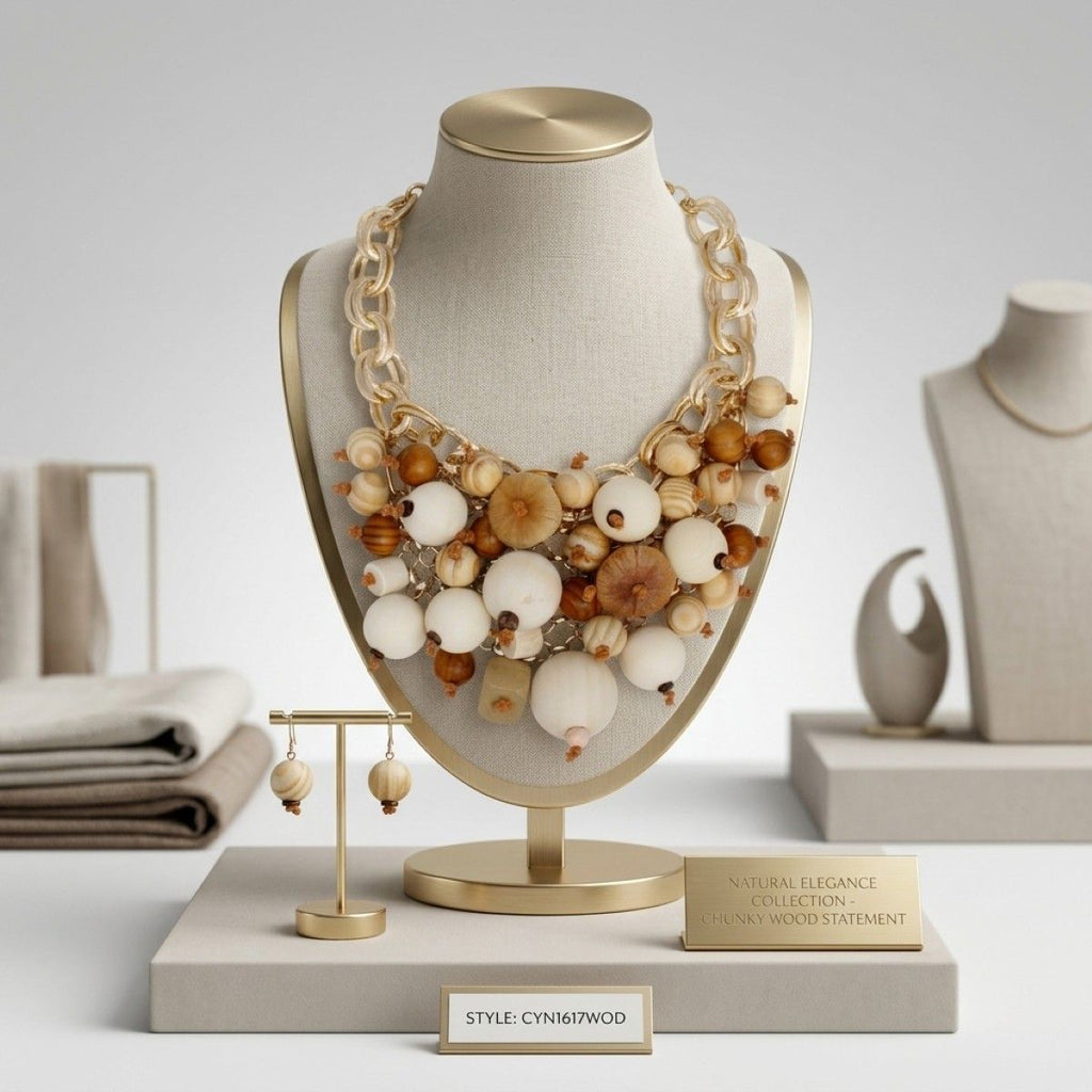 Natural Wood Chunky Geometric Bead Bib Necklace