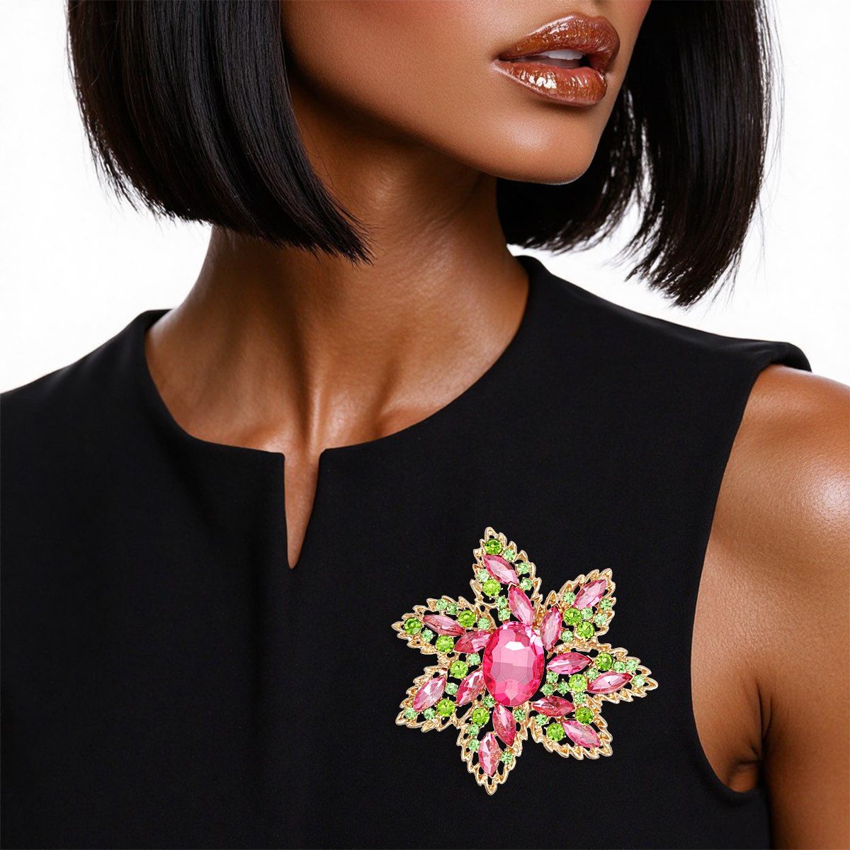 Pink green pointed flower crystal brooch statement jewelry pin women elegant