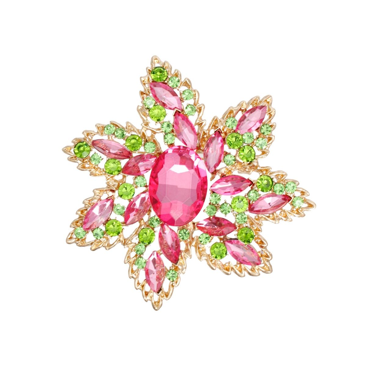 Pink green pointed flower crystal brooch gold detail close up crystal