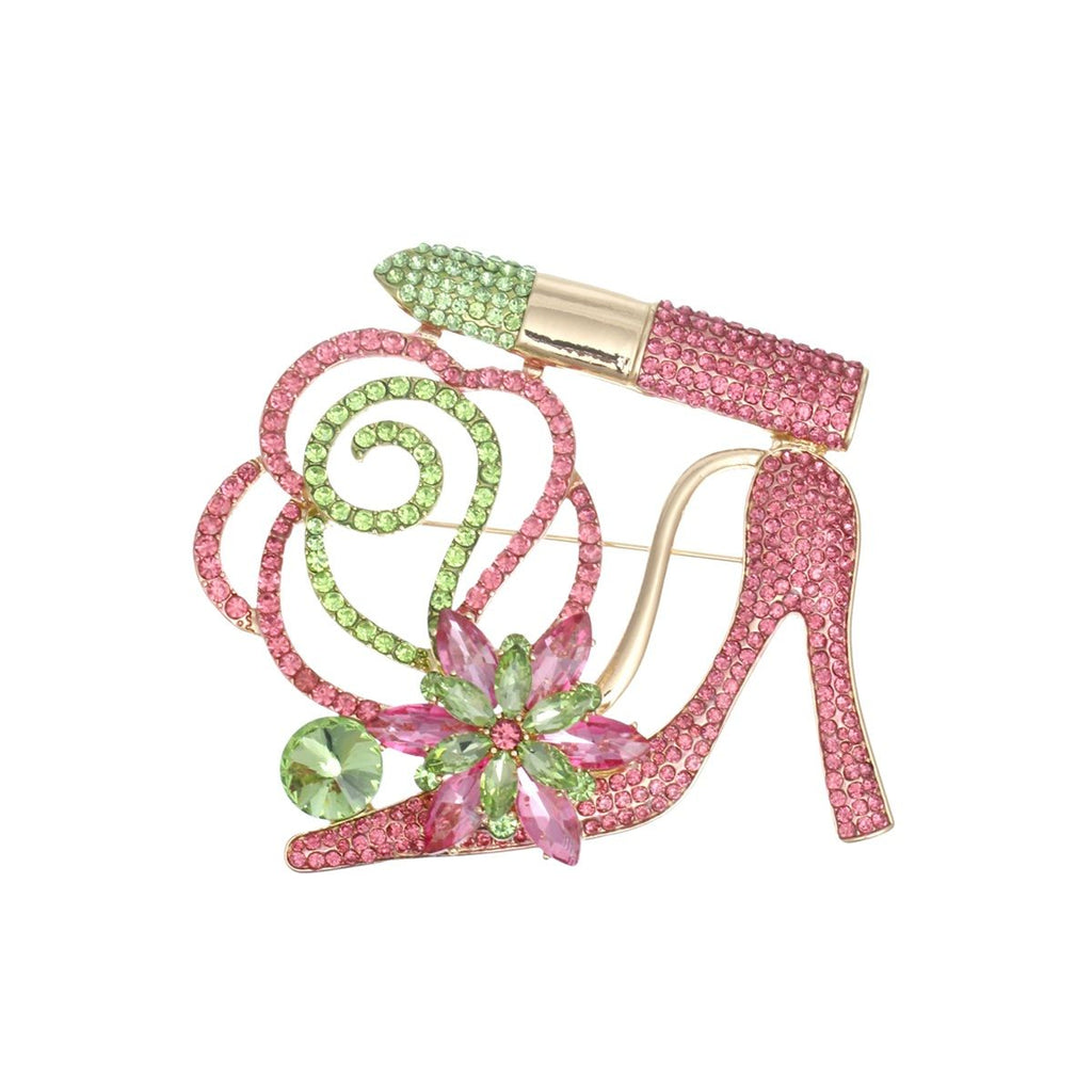 Pink green lipstick high heel brooch gold crystal detail close up vibrant