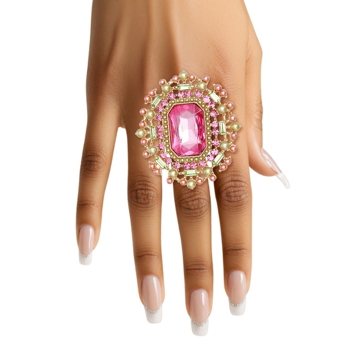 Pink green radiant pearl cocktail ring gold vintage oval stretch women statement