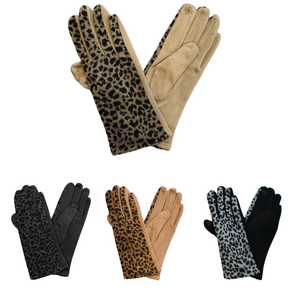 Set of gloves with leopard print and plain designs on a white background