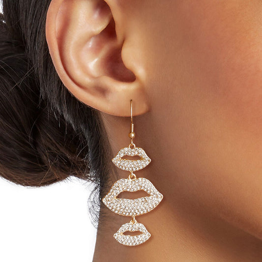 Gold Triple Lips Valentine Earrings