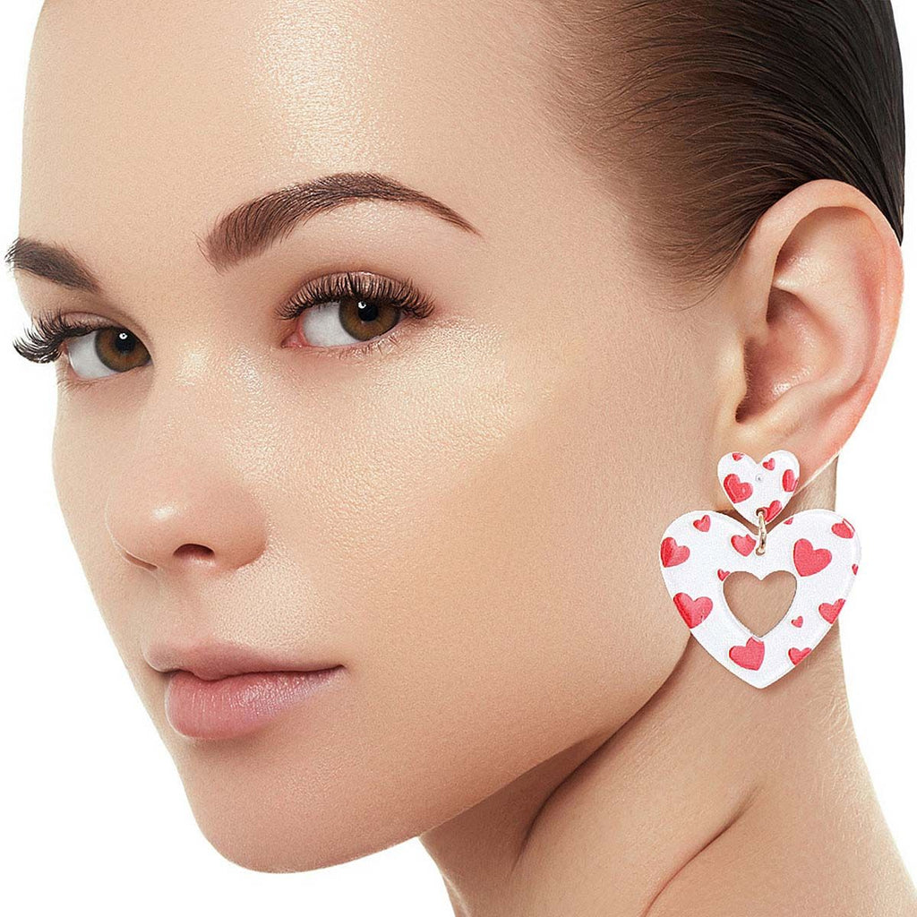 White Red Glitter Valentine Heart Earrings